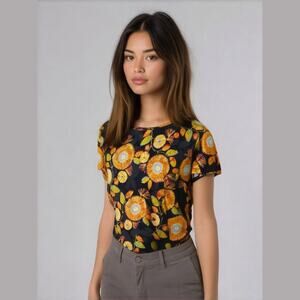 LuLaRoe Womens Top Size‎ M Black Yellow Orange Flowers Classic T Tee Shirt NEW